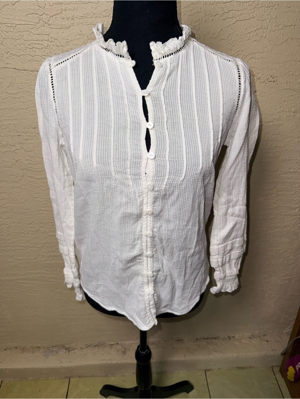 Faherty Willa White Organic Cotton Ruffle Blouse XS Victorian Cottagecore Boho